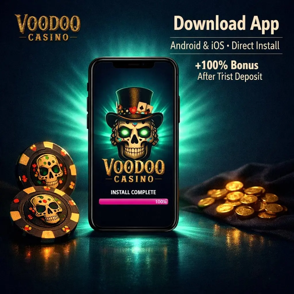 Voodoo Casino app download skull phone teal glow coins dark purple