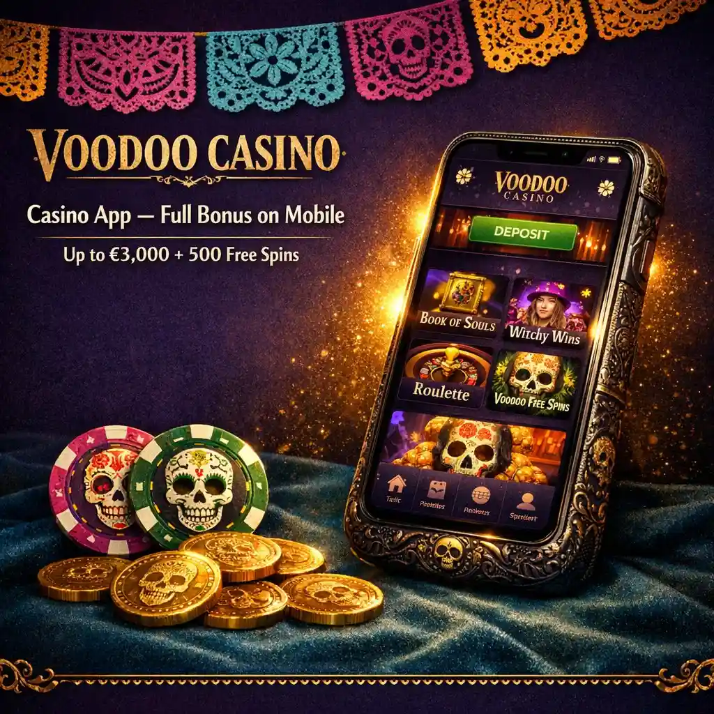 Voodoo Casino app mobile phone skull carvings gold coins papel picado dark