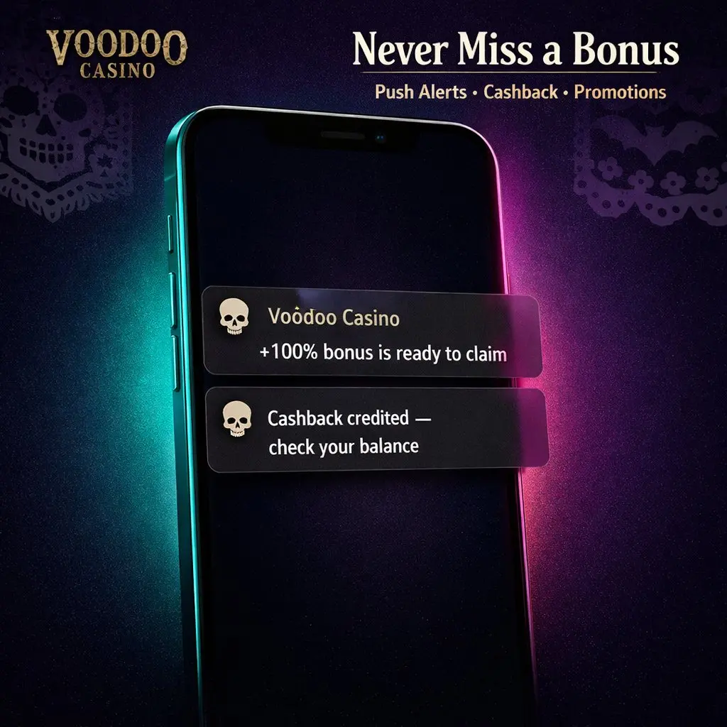 Voodoo Casino app push notifications skull phone cashback dark teal