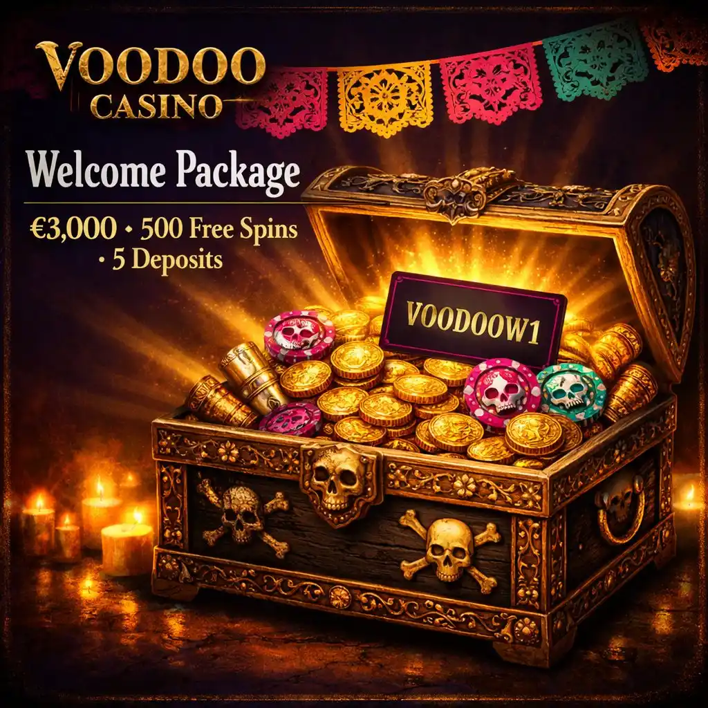 Voodoo Casino bonus treasure chest skull gold coins papel picado teal purple