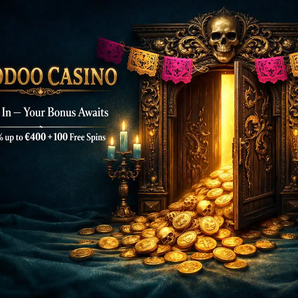 Voodoo Casino login mystic portal skull door gold coins teal glow