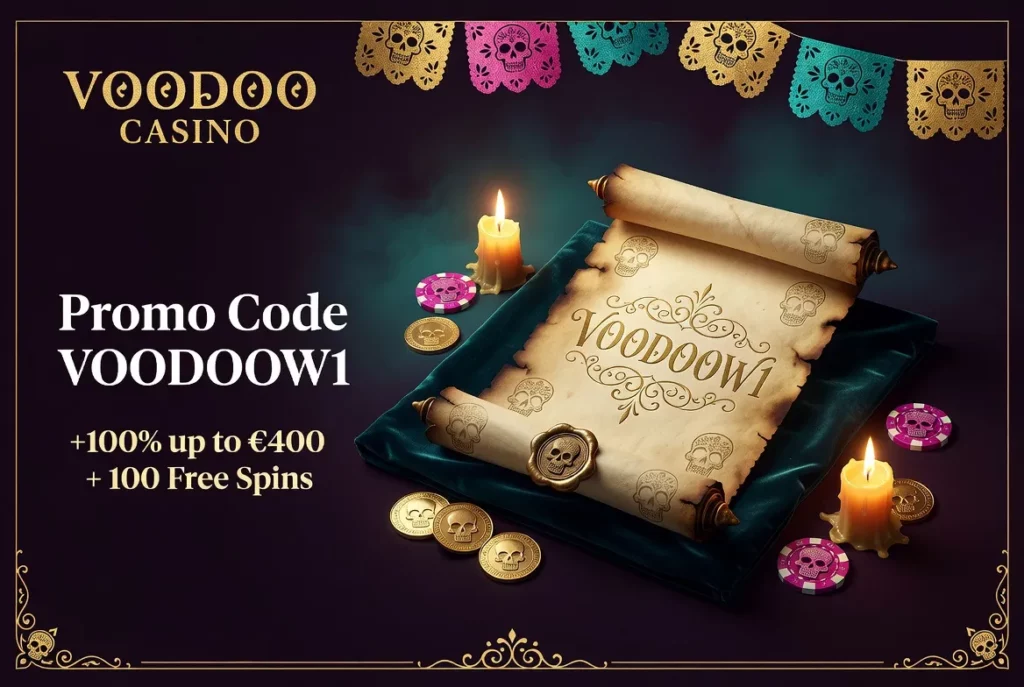 Voodoo Casino promo code VOODOOW1 skull scroll gold coins teal dark
