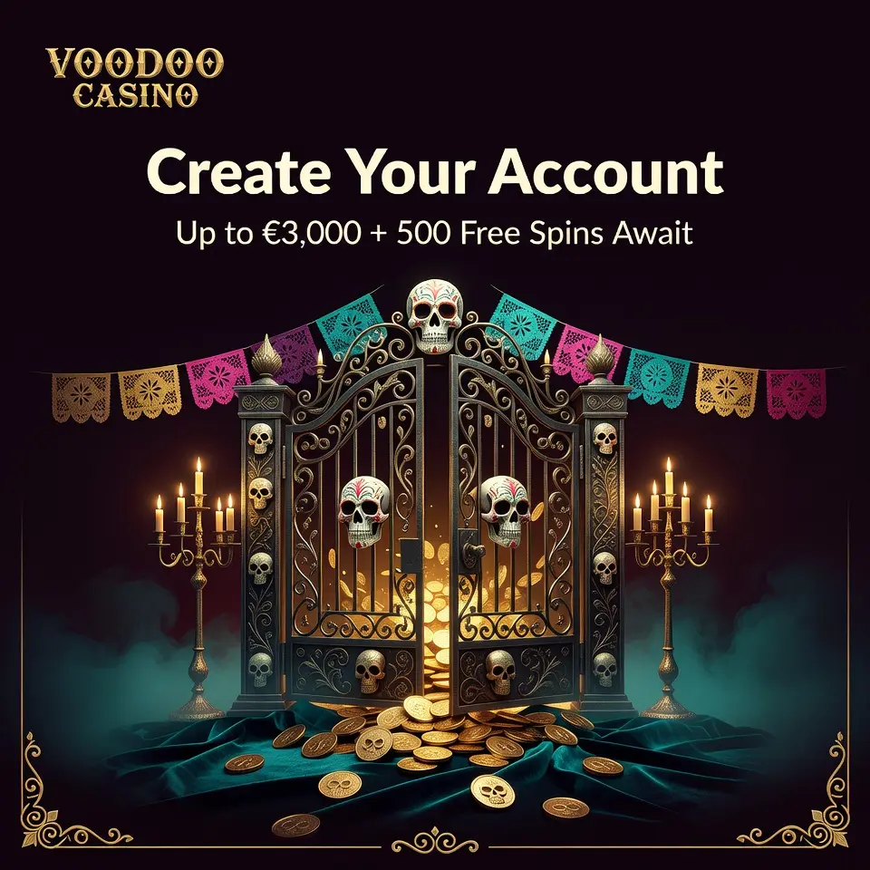 Voodoo Casino register welcome skull gate gold coins teal purple dark
