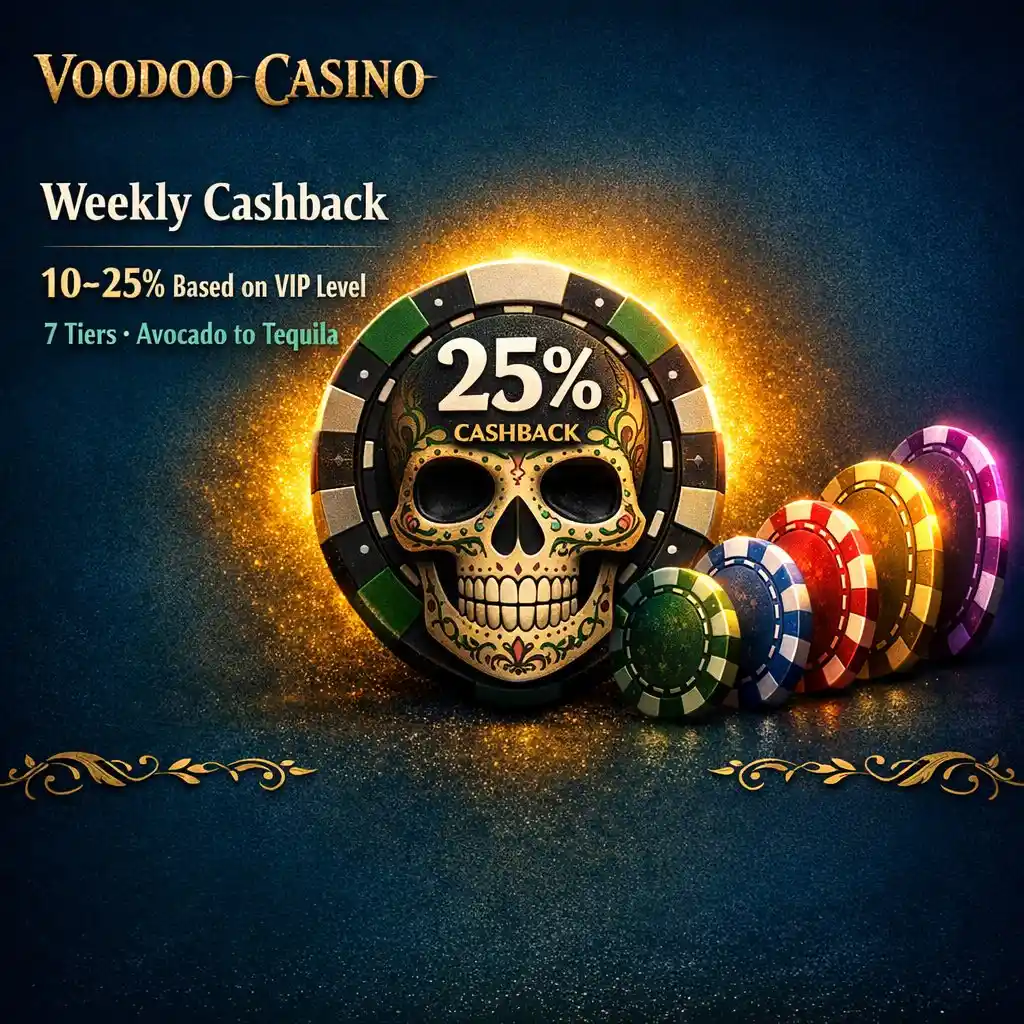 Voodoo Casino cashback VIP skull chip gold teal dark purple levels