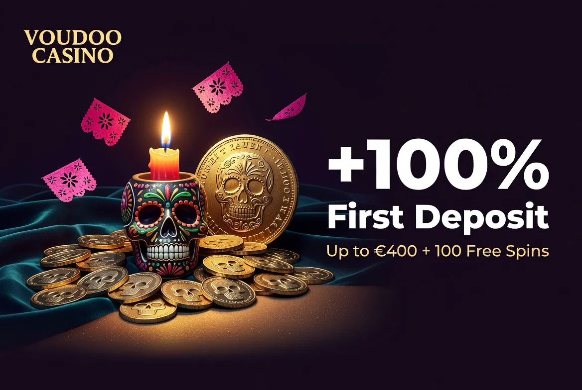 Voodoo Casino first deposit bonus skull coin candle teal magenta dark