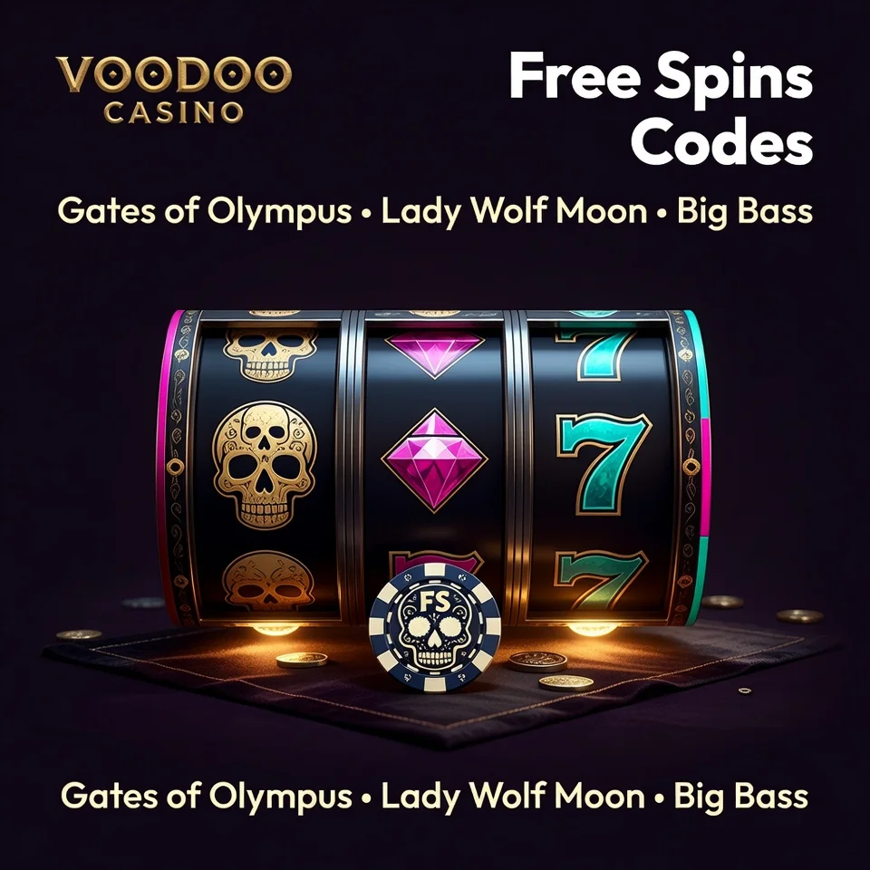 Voodoo Casino free spins code skull slot reels gold teal dark purple