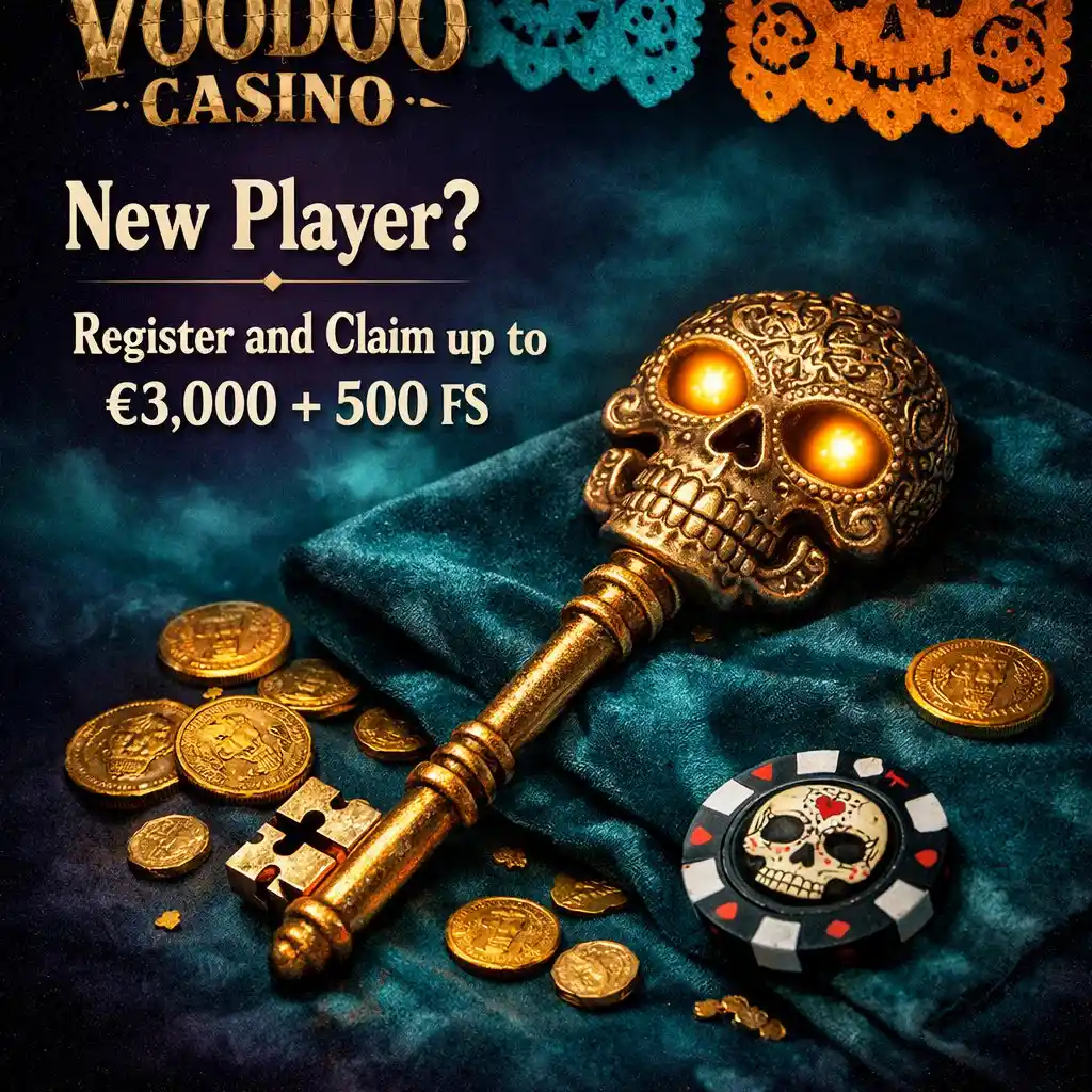 Voodoo Casino register welcome package skull key gold teal purple