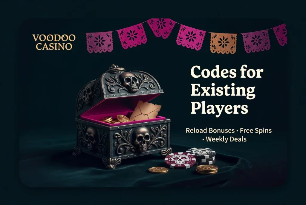 Voodoo Casino existing player promo codes skull chest gold teal