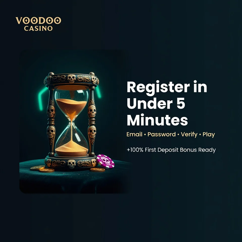 Voodoo Casino quick registration skull hourglass gold coins teal dark