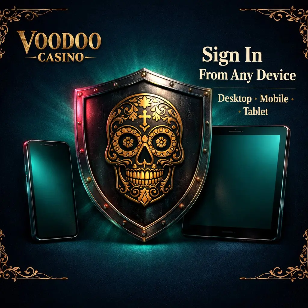 Voodoo Casino secure login devices skull shield teal magenta dark