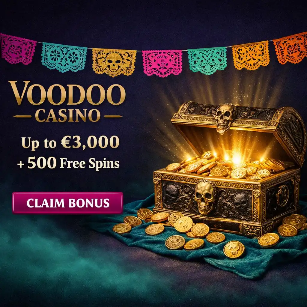 Voodoo Casino welcome bonus treasure chest skull carvings gold coins teal velvet
