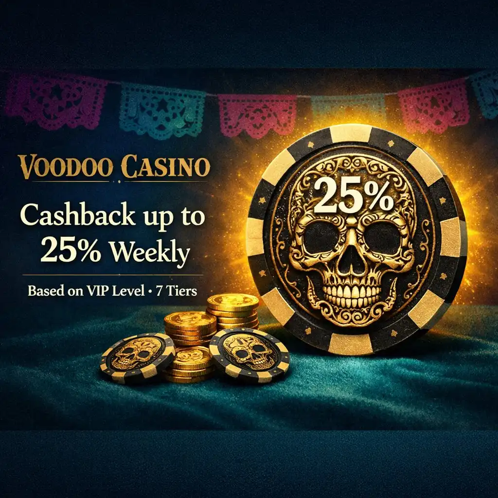 Voodoo Casino cashback sugar skull casino chip gold coins dark purple