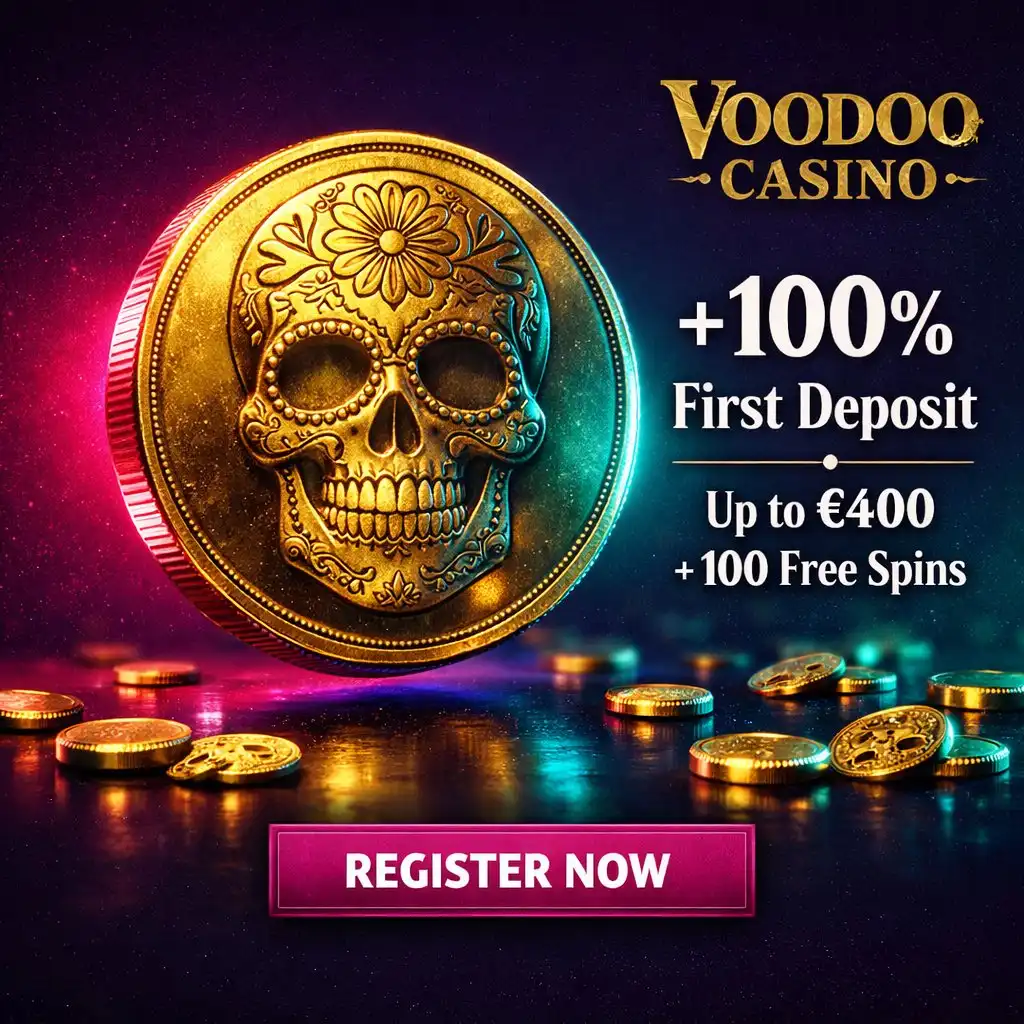 Voodoo Casino first deposit bonus skull coin neon magenta teal dark