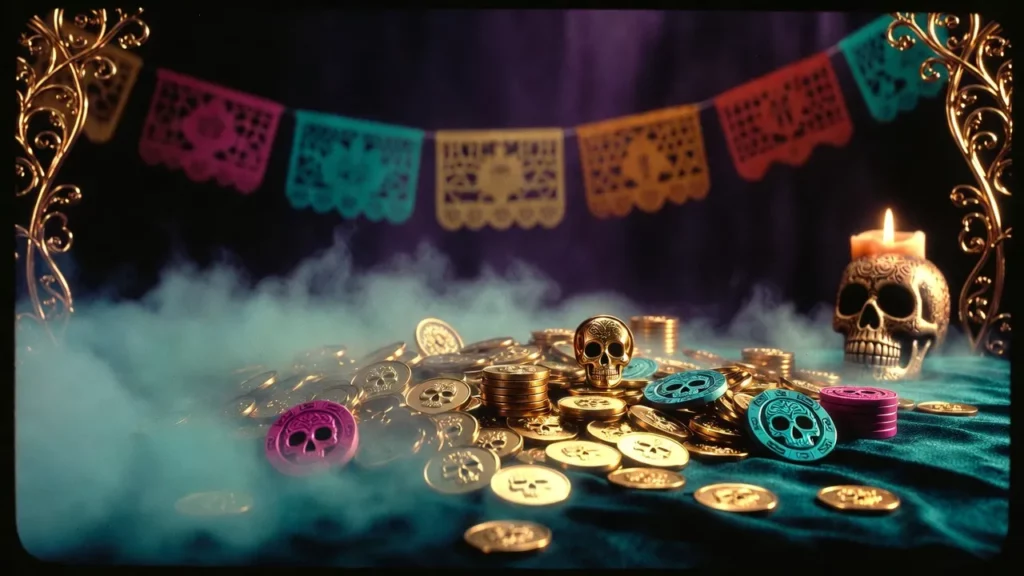 Voodoo Casino CTA background gold coins skull carvings teal velvet dark purple