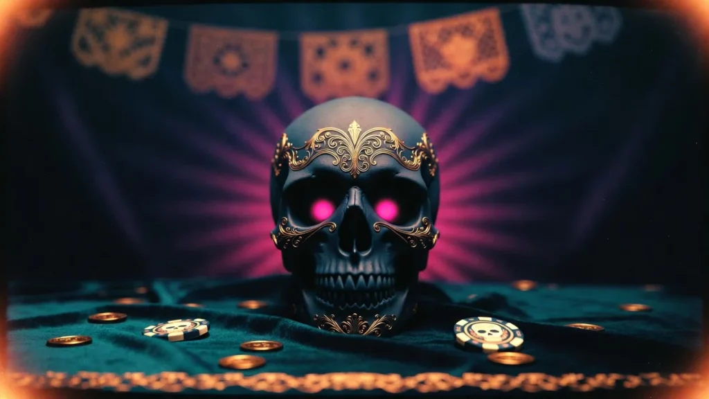 Voodoo Casino CTA background sugar skull neon magenta teal dark treasure